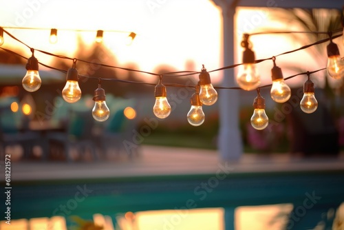 pool happy hour party chain light bulbs summer few flow AI Generated photo