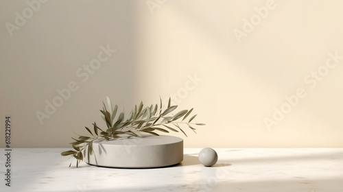 A white vase with a plant in it on a table. Generative AI. SImple ceramic podium  circular stage for product display.