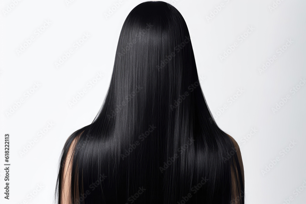 Naklejka premium Long Black Straight Hair , Rear View On White Background. Generative AI