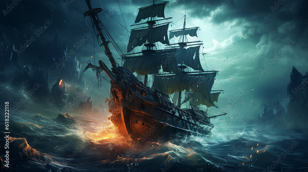A ghost ship in a gray cloudy sea. High quality illustration