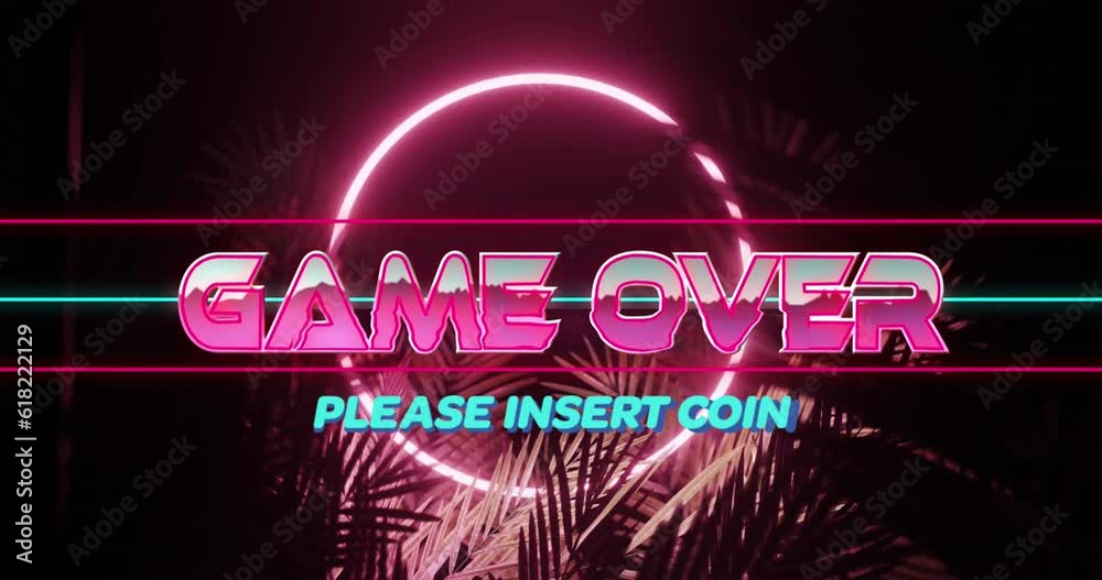 Animation of game over and please insert coin over trees against circle in background