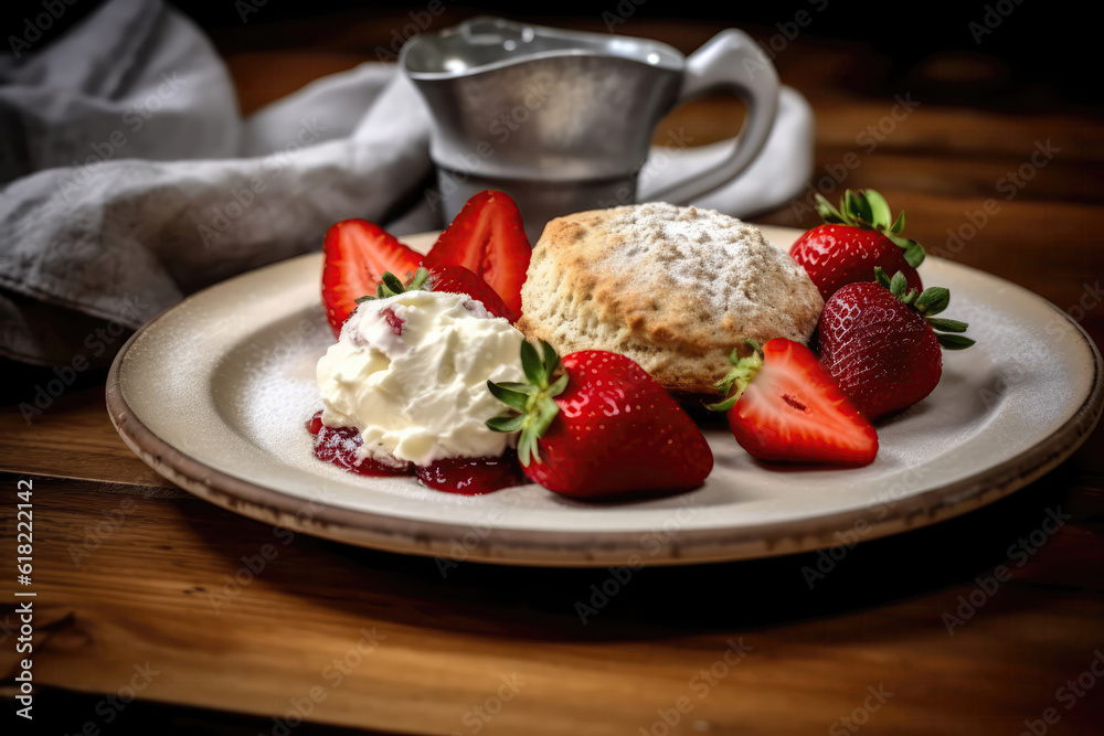 Plate With Scone And Strawberries On It. Generative AI Plate With Scone And Strawberries On It. Generative AI