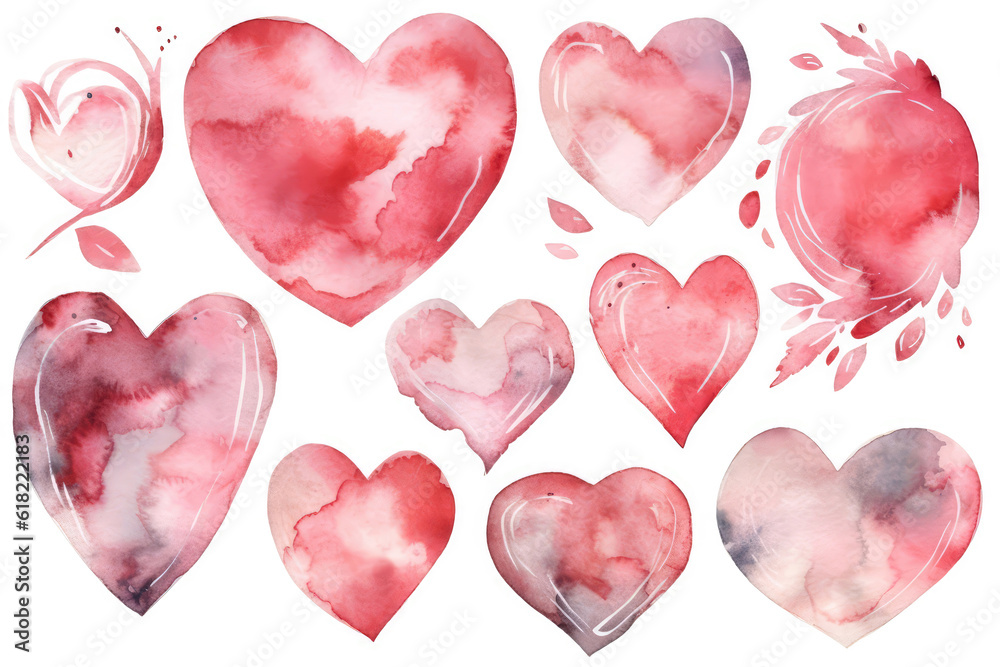 Set Pink Watercolor Hearts Of Love. Generative AI