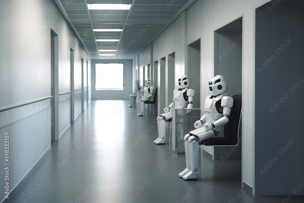 The Corridor In The Office With Chairs On Which The Robots-Ai Sit. Generative AI The Corridor In The Office With Chairs On Which The Robots-Ai Sit. Generative AI