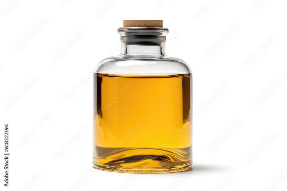 Transparent Oil Bottle On White Background. Generative AI Transparent Oil Bottle On White Background. Generative AI