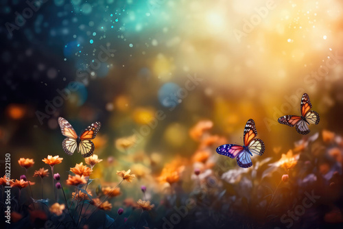 Beautiful Butterflies Fluttering Over Wildflowers With Empty Space With Bokeh. Generative AI
