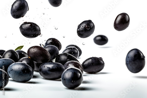 Black Olives Flying On White Background, Floating In The Air. Generative AI