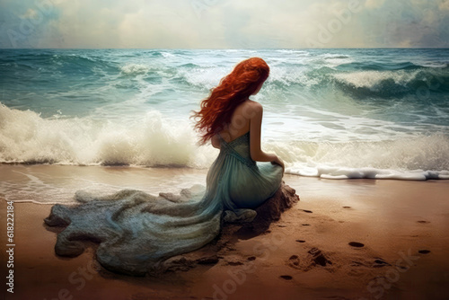 The Little Mermaid Sits With Her Back To The Sand Against The Ocean. Generative AI