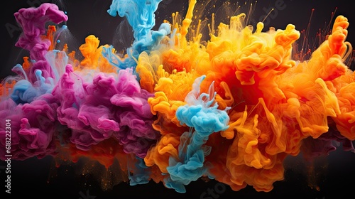 Explosion of colorful water and ink texture into a colorful cloud floating