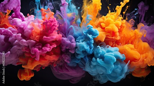 Explosion of colorful water and ink texture into a colorful cloud floating