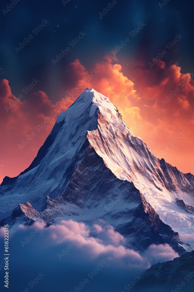Surreal landscape of mountain with nebula cloud above it, Generative AI
