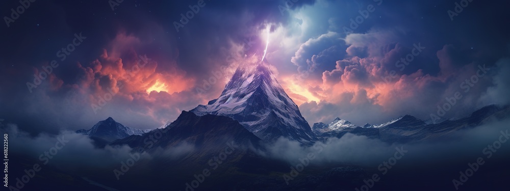 Surreal landscape of mountain with nebula cloud above it, Generative AI