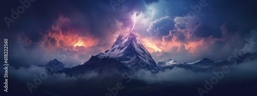 Surreal landscape of mountain with nebula cloud above it  Generative AI