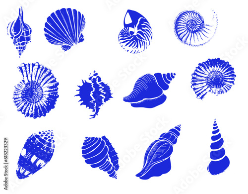 Set of silhouettes of sea cockleshells isolated on white background. Vector shells. Blue shells