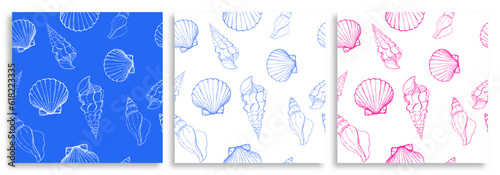 Set of seamless patterns with silhouettes of sea cockleshells isolated on white and blue background. Vector seashells. Blue, white and magenta, pink shells. Vector illustration