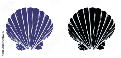 Set of silhouettes of sea cockleshells isolated on white background. Vector shells. Violet and black shells