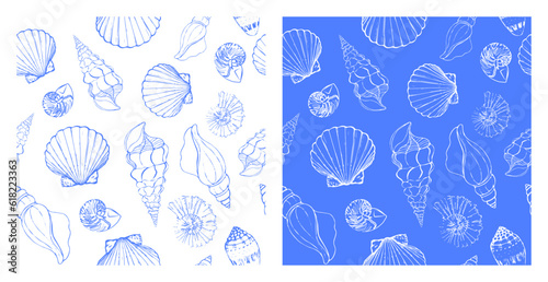 Set of seamless patterns with silhouettes of sea cockleshells isolated on white and blue background. Vector seashells. Blue and white shells. Vector illustration