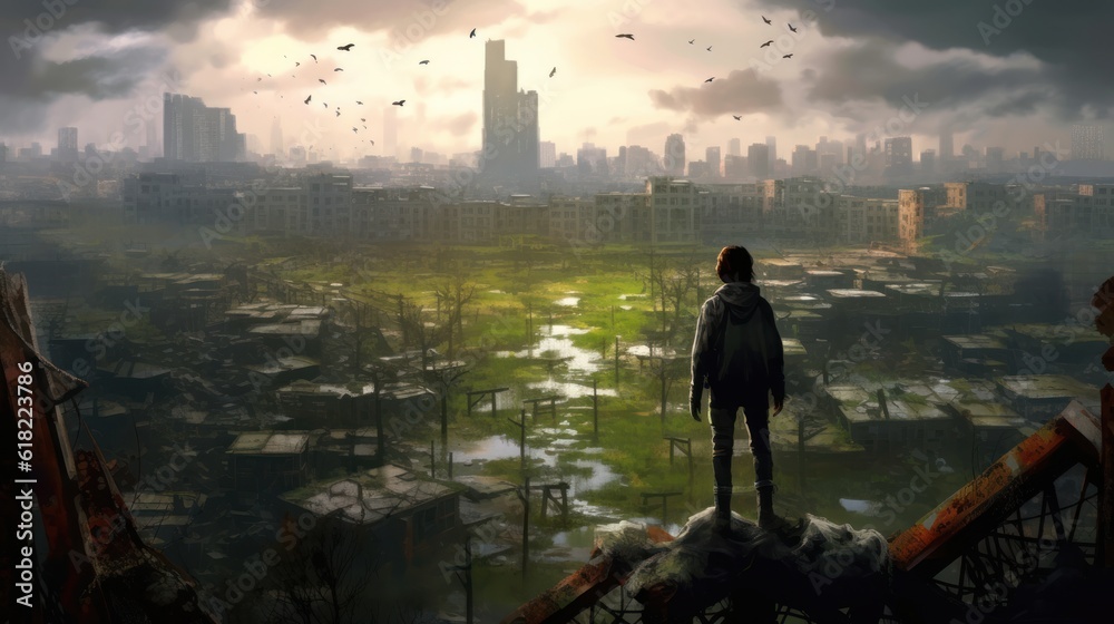 Fototapeta premium Game art piece that captures a significant moment in the middle of a hero's journey through a post - apocalyptic world. The protagonist, a resilient survivor, stands at the threshold of a crumbling