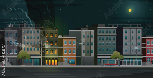 City street buildings caught fire in the middle of the night.