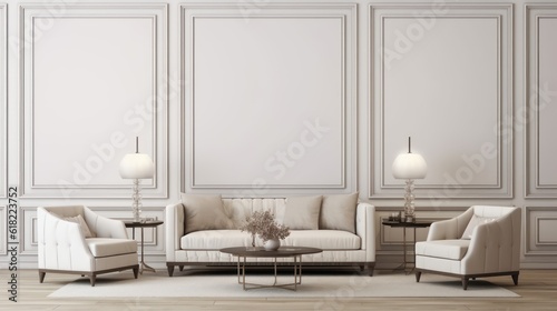 Modern classic interior.Sofa,armchair,side table with lamps.White wall and wooden floor with carpet. 3d rendering