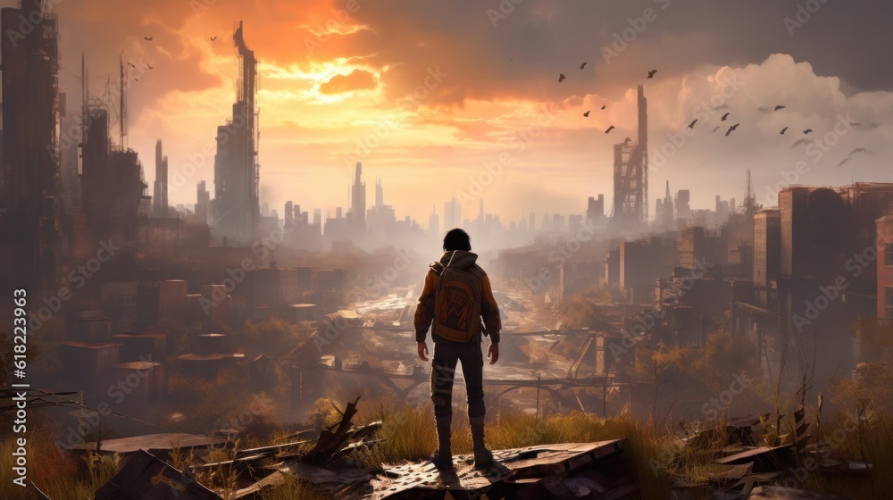 Fototapeta premium Game art piece that captures a significant moment in the middle of a hero's journey through a post - apocalyptic world. The protagonist, a resilient survivor, stands at the threshold of a crumbling