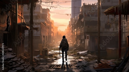 Game art piece that captures a significant moment in the middle of a hero's journey through a post - apocalyptic world. The protagonist, a resilient survivor, stands at the threshold of a crumbling