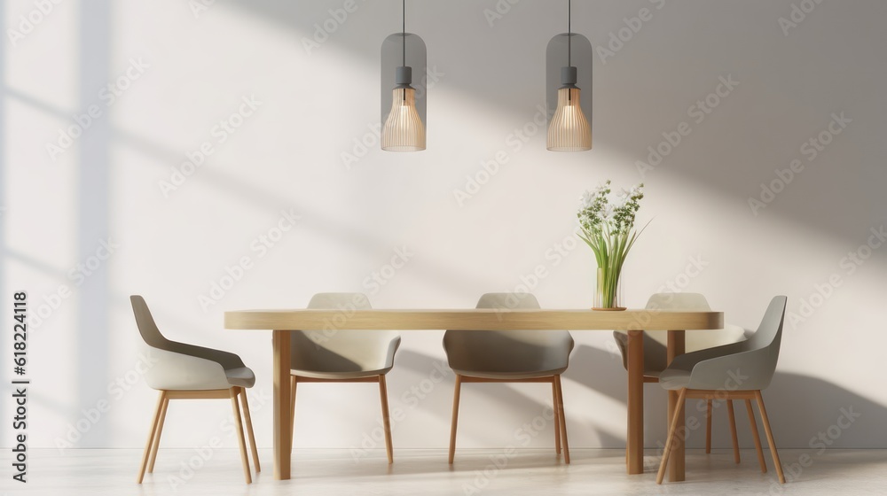Modern dining room interior minimal style.Chairs,table,glass vase and ceiling lamp with sunlight on white wall background.3d rendering