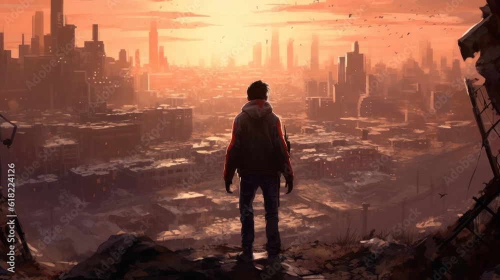 Fototapeta premium Game art piece that captures a significant moment in the middle of a hero's journey through a post - apocalyptic world. The protagonist, a resilient survivor, stands at the threshold of a crumbling