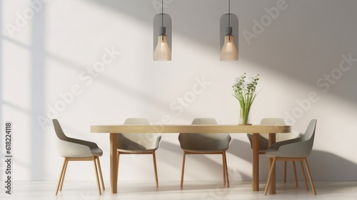 Modern dining room interior minimal style.Chairs,table,glass vase and ceiling lamp with sunlight on white wall background.3d rendering © Eli Berr