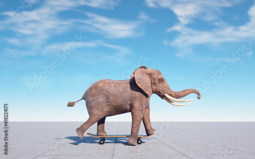 Elephant on skateboard. © Mihaela