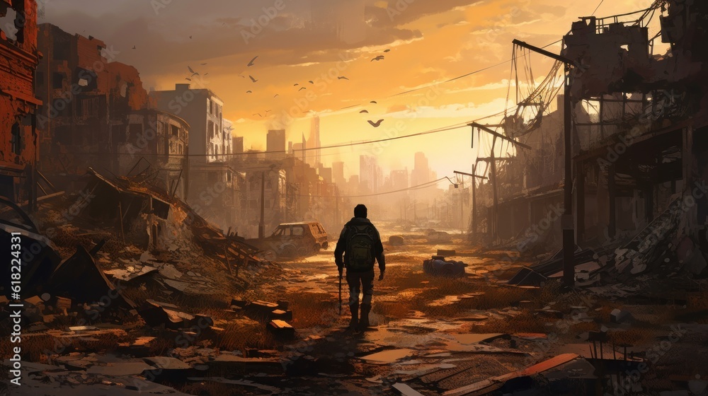 Game art piece that captures a significant moment in the middle of a hero's journey through a post - apocalyptic world. The protagonist, a resilient survivor, stands at the threshold of a crumbling