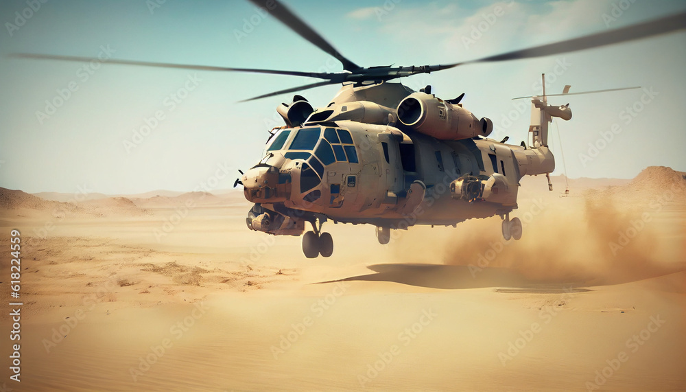 Military helicopter in active combat zone. War chopper aircraft flying for the army and landing in the desert Ai generated image Military helicopter in active combat zone. War chopper aircraft flying for the army and landing in the desert Ai generated image