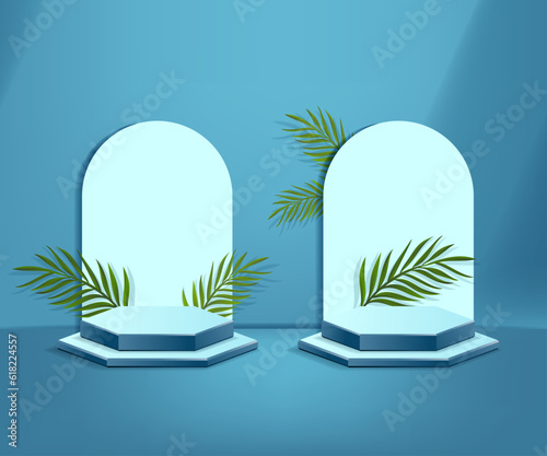 3d product podium and pedestal in Greenish blue color or metallic seaweed color with palm leaves. 3d rendering vector background view with podium. To display 3d cosmetic products.