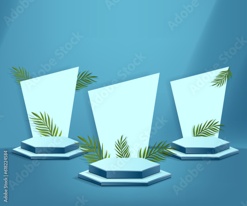3d product podium and pedestal in Greenish blue color or metallic seaweed color with palm leaves. 3d rendering vector background view with podium. To display 3d cosmetic products.