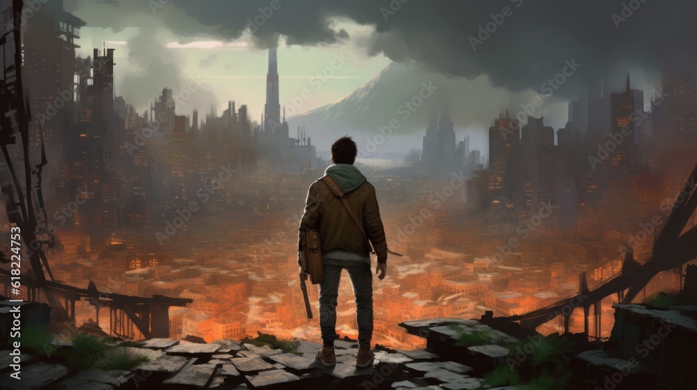 Obraz premium Game art piece that captures a significant moment in the middle of a hero's journey through a post - apocalyptic world. The protagonist, a resilient survivor, stands at the threshold of a crumbling