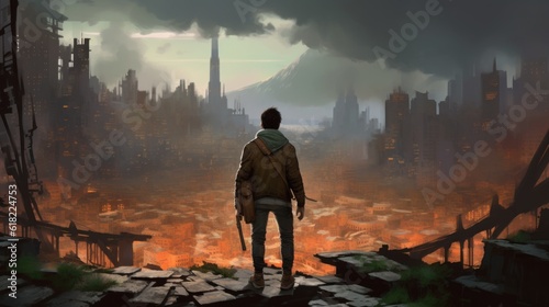Game art piece that captures a significant moment in the middle of a hero s journey through a post - apocalyptic world. The protagonist  a resilient survivor  stands at the threshold of a crumbling