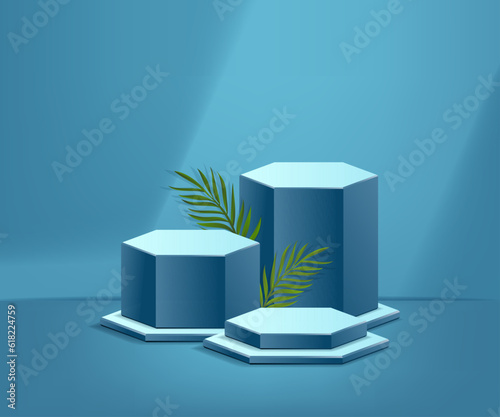 3d product podium and pedestal in Greenish blue color or metallic seaweed color with palm leaves. 3d rendering vector background view with podium. To display 3d cosmetic products.