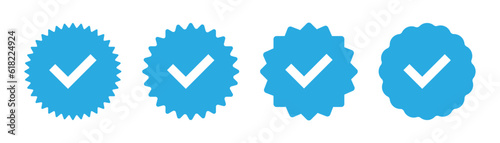 Verified checkmark tick. Approved checkmark icon. Verified badge in blue. Approve checkmark tick. Blue verify symbol