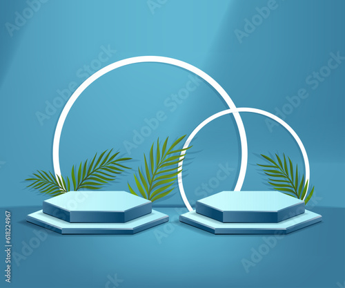 3d product podium and pedestal in Greenish blue color or metallic seaweed color with palm leaves. 3d rendering vector background view with podium. To display 3d cosmetic products.