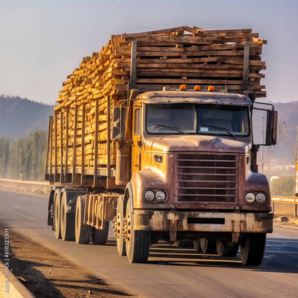 Long heavy industrial wood carrier cargo carries freshly sawn wood on the road close up. Generative Ai.