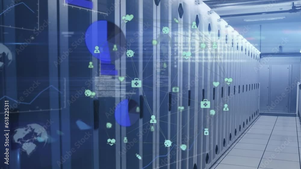 Animation of globe of medical icons spinning over data processing against computer server room
