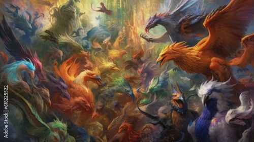 Artwork showcasing a diverse array of legendary creatures from folklore and mythology  such as dragons  griffins  unicorns  and phoenixes  gathered in a majestic and awe - inspiring setting