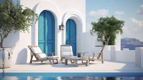 Santorini style architecture with armchairs plant door and swimming pool.3d rendering