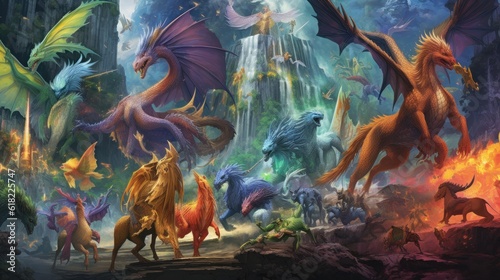 Artwork showcasing a diverse array of legendary creatures from folklore and mythology, such as dragons, griffins, unicorns, and phoenixes, gathered in a majestic and awe - inspiring setting © Damian Sobczyk