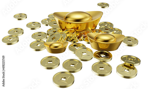 an 3d illustration of Yuan Bao golden ingots and golden coins. photo