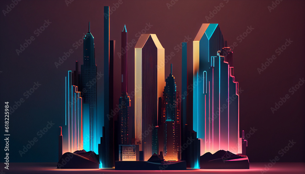 Minimal style american city , modern american city background with gold PINK blue glowing neon background Ai generated image