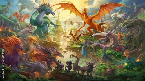 Artwork showcasing a diverse array of legendary creatures from folklore and mythology, such as dragons, griffins, unicorns, and phoenixes, gathered in a majestic and awe - inspiring setting © Damian Sobczyk