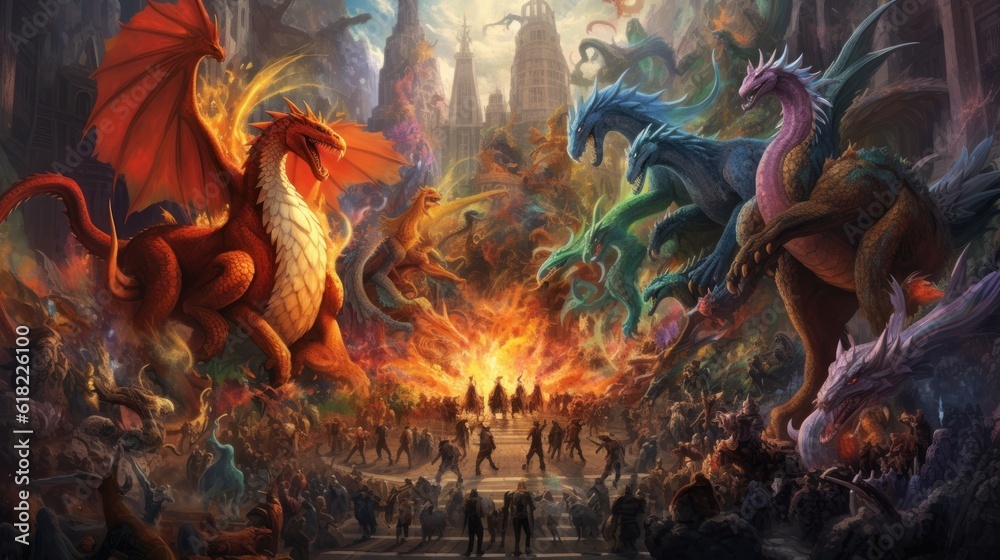 Obraz premium Artwork showcasing a diverse array of legendary creatures from folklore and mythology, such as dragons, griffins, unicorns, and phoenixes, gathered in a majestic and awe - inspiring setting