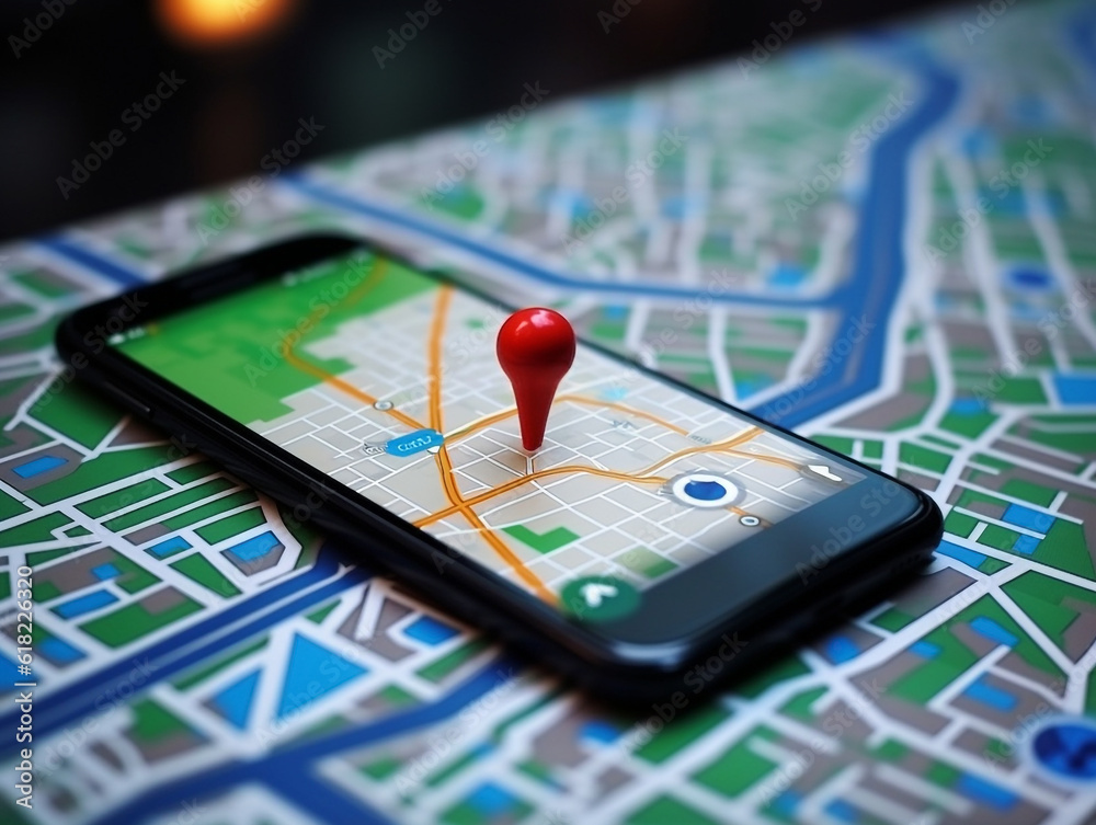 Smartphone gps navigation icon and map on traffic road.Generative Ai. Smartphone gps navigation icon and map on traffic road.Generative Ai.