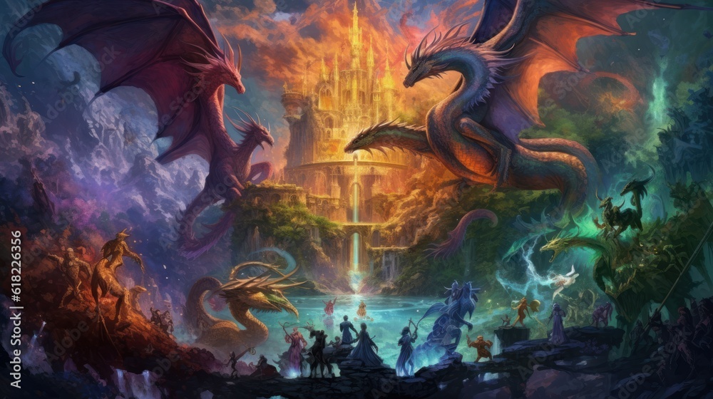 Fototapeta premium Artwork showcasing a diverse array of legendary creatures from folklore and mythology, such as dragons, griffins, unicorns, and phoenixes, gathered in a majestic and awe - inspiring setting